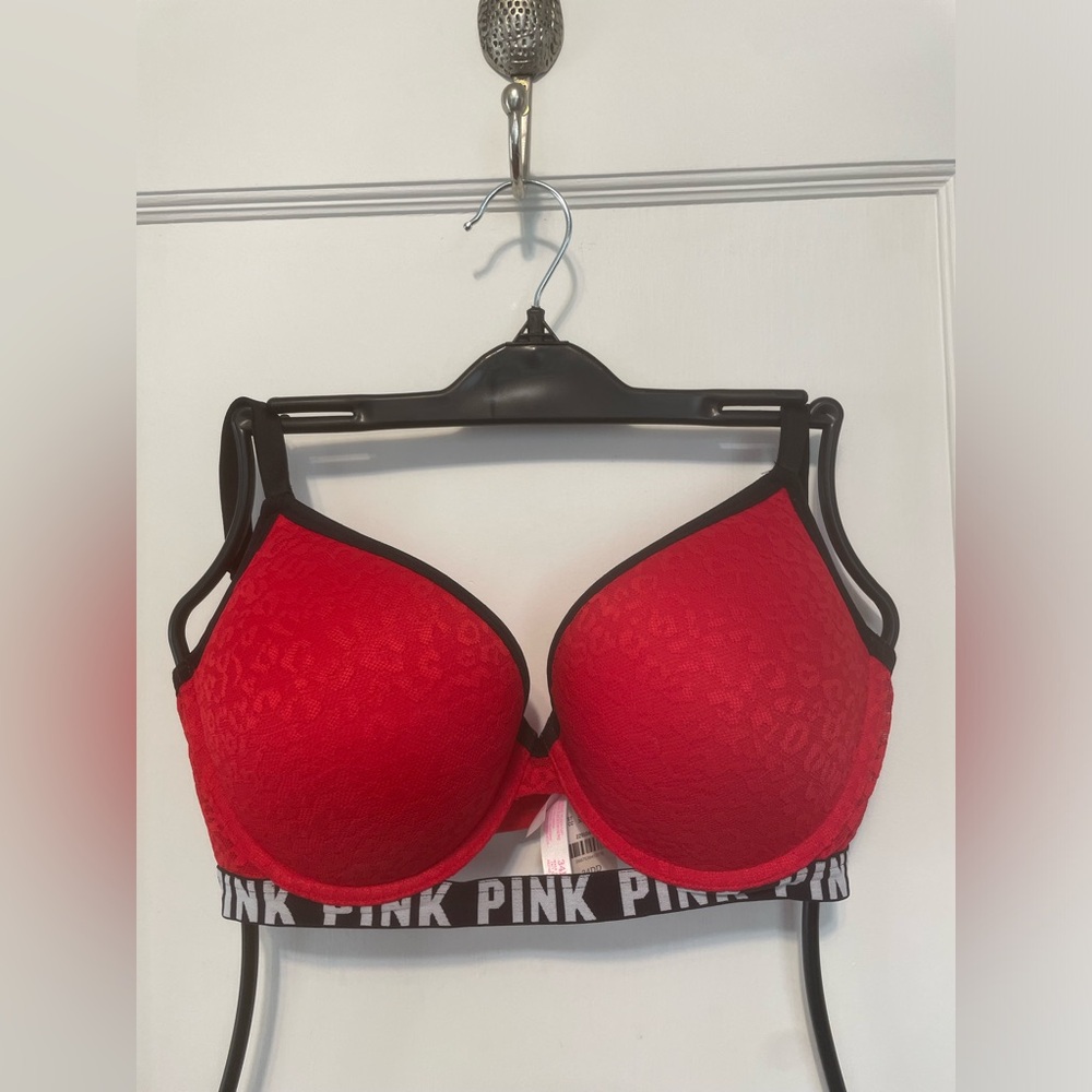 Pink Victoria’s Secret Red Leopard Lace Wear Everywhere Push-Up Bra